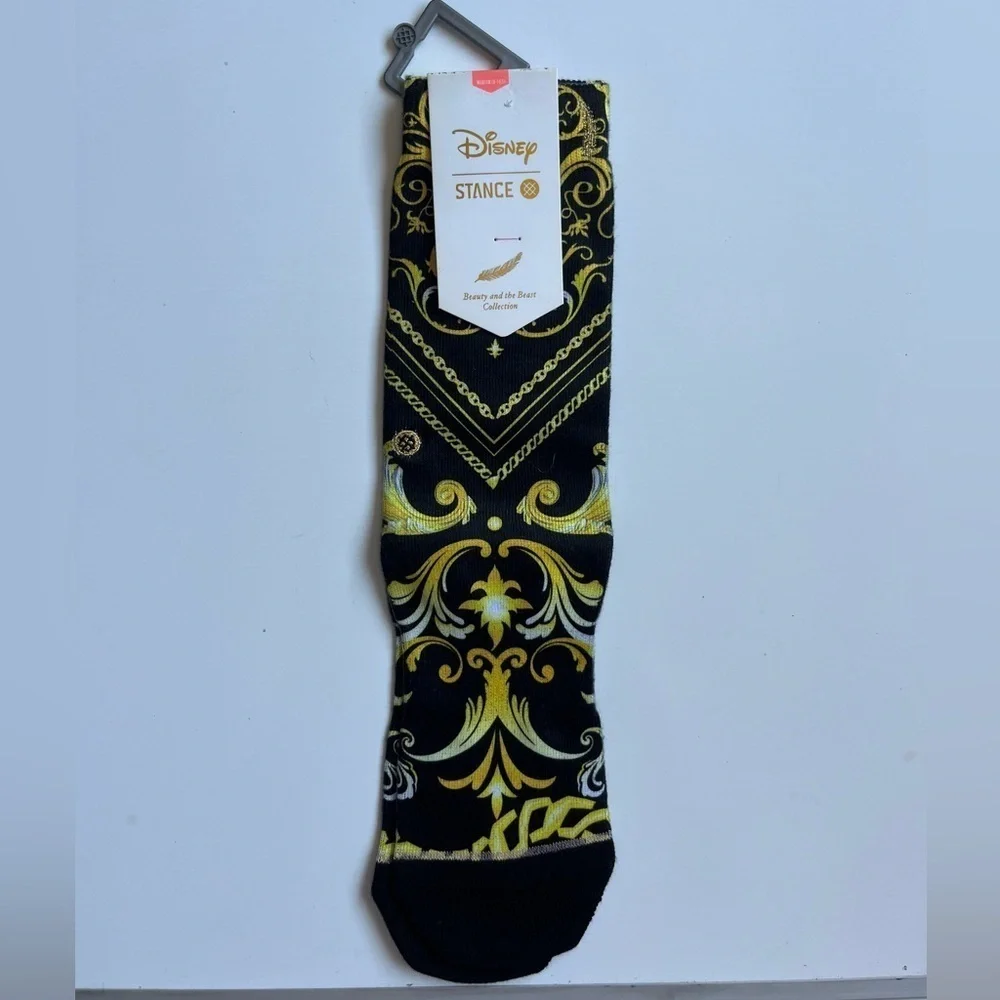 NWT DISNEY Stance Black and Gold Baroque Crew Socks beauty and the beast